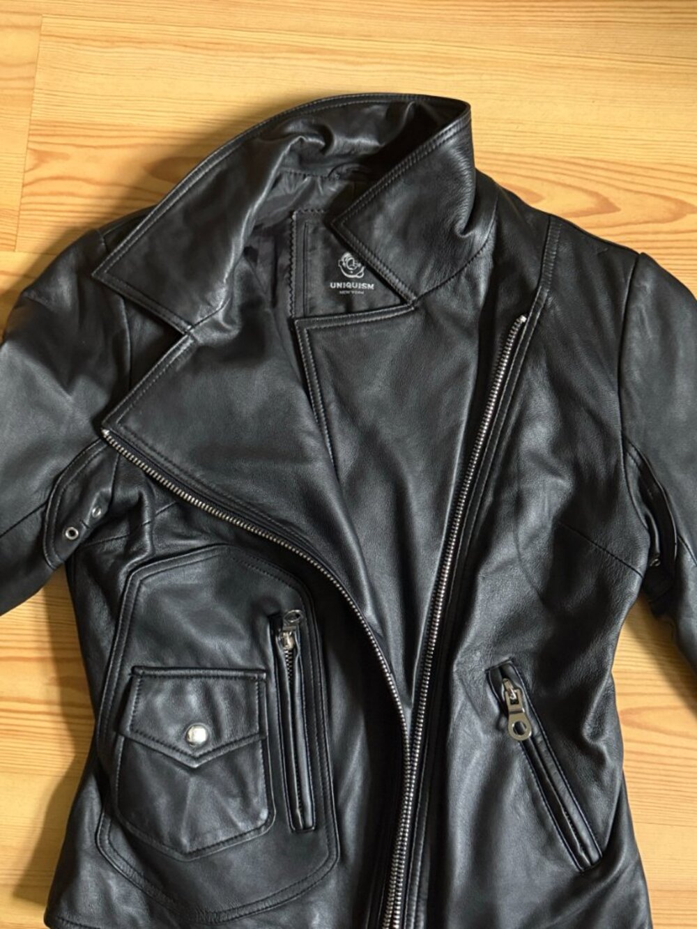 Leather Jacket 100% Lambskin Black Moto Biker Zip Uniquism New York Small - Picture 3 of 15